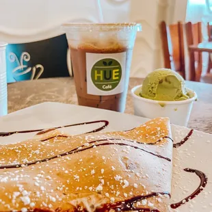 Nutella, Strawberry and Banana Crepe with Green Tea Ice Cream and an Iced Vietnamese Coffee