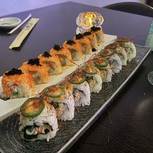 The Vegas Roll in back and the Spicy Lion Roll GF up front