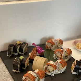 Protein sushi roll (red) and Dragon sushi roll (black)