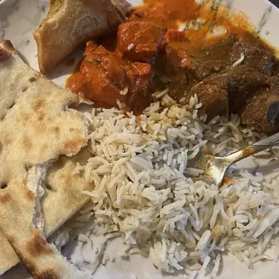 Butter Chicken, Lamb Curry Masala, Rice Pillav, Samosa,  and Samosa Chat