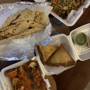 Chicken Tikka, Lamb Biryani, Samosas, and Roti