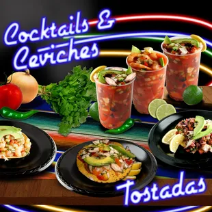 Shrimp, fish and octopus ceviches and cocktails.