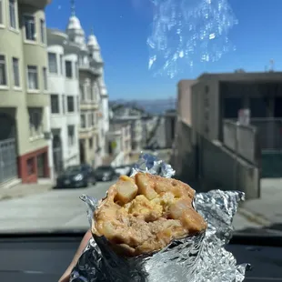 Carnitas breakfast burrito, swap rice for potatoes