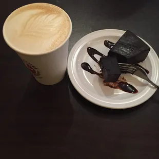 Chocolate cake and caramel macchiato