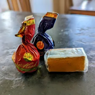 a bar of chocolate and a block of caramel