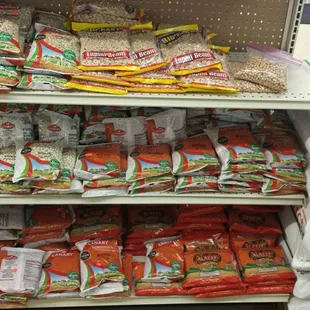 a shelf full of food items