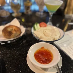 Bread, olive oil dip and baba ghanoush