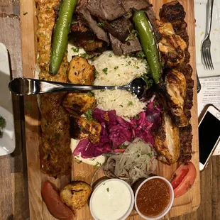 Mixed Grill- Adana Kebab, beef shish kebab, Istanbul Doner, chicken kebab,  wings, and Beyti.