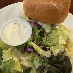 House salad with blue cheese dressing and super delicious bountiful warm bread.