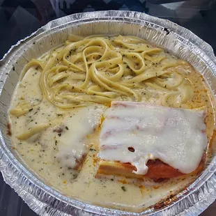 Trio plate - lasagna, chicken Parmigiano, and fettuccine alfredo