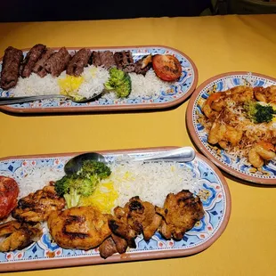Pomegranate shrimp, saffron chicken kabob, beef kabob