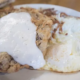 Chicken fried steak with over-easy eggs