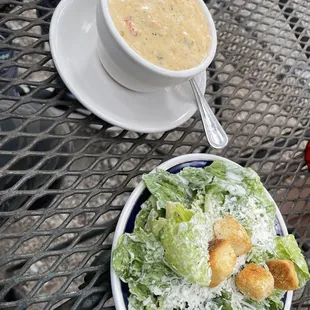 Seafood bisque and salad.