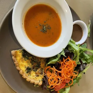 The Spinach, Mushroom &amp; Cheese Quiche, salad and Tomato Basil Soup