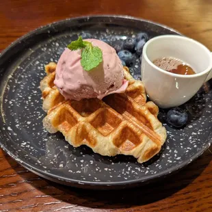 Croffle (croissant waffle, strawberry gelato, blueberries, organic maple syrup - asked for no powdered sugar)