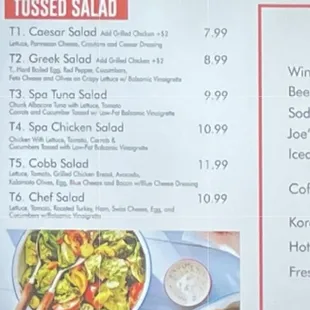a menu of a salad and a side salad