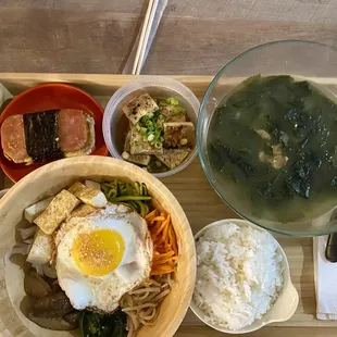 Grilled tofu bibimbap, seaweed soup, braised tofu, spam musubi