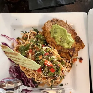 Spicy Thai Noodles and house made veggie burger.