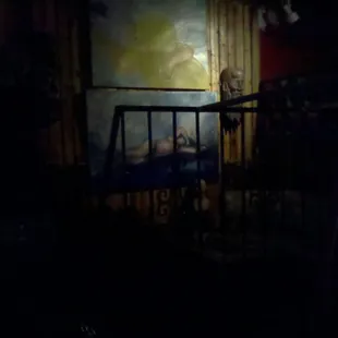 a crib in a dark room