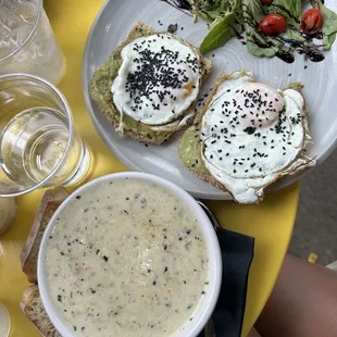 Chicken and rice soup, avocado toast