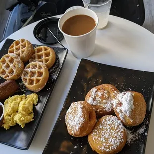 Vegan waffles, eggs, sausage, donuts. Yum!