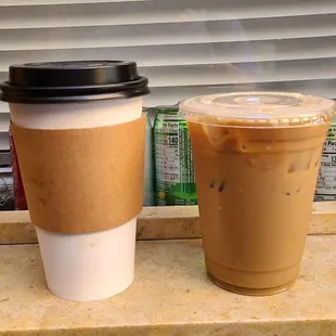 Medium hot latte, large iced hazelnut latte. Yum. Served so fast too!