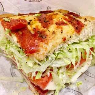 Tony&apos;s Bomba sandwich on tomato focaccia. It&apos;s a big sandwich. This is just half of the full portion.