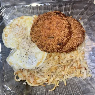 Fried Salmon Croquette +eggs &amp; Hashbrowns