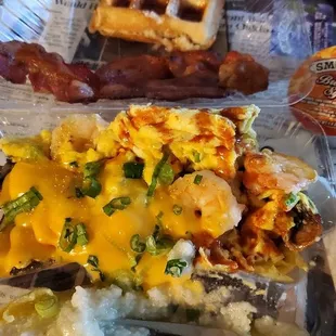 This is my shrimp and grits order. I add sides for variety, and I like green onions on my eggs. Delicious!!!!