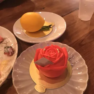 Lemon mousse and rose mousse