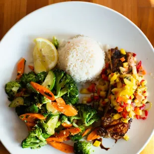 a plate of food on a wooden table