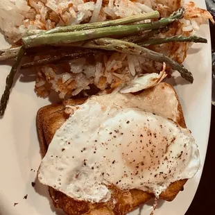 Croque Madame with hash browns &amp; asparagus. I asked for a side of hollandaise sauce....perfection!