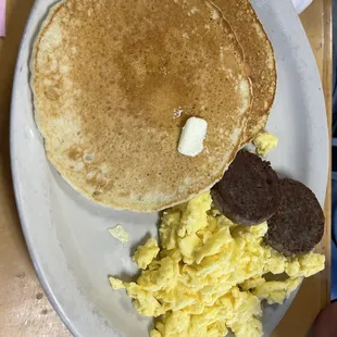 Eggs Lakeway with sausage and buttermilk pancakes