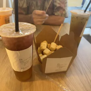 boba thai milk, grape potion, salt and pepper tofu, freshly passion