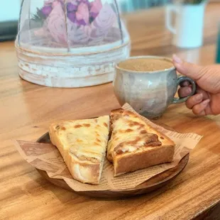 Tuna and Bolognaise toasts with chestnut maple hojicha latte