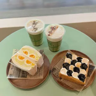 - lavender cold foam matcha  - salted vanilla cold foam matcha  - black sesame &amp; cream cheese toast  - egg curry sando