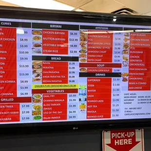 a menu on a large screen