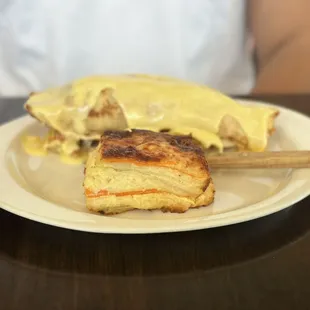 Savory crape with hollandaise sauce and pave potatoes