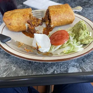 Chimichanga con chili Colorado.  Do not sleep on this chimichanga bomb!