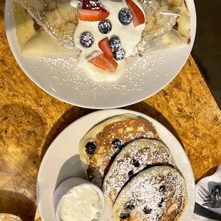 Nutty Monkey Crespelle (top) and Blueberry Pancakes (bottom)