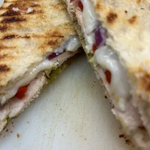 Try the chicken pesto panini with roasted peppers, mozzarella, fresh baked chicken.