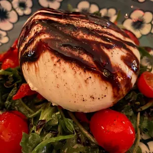 a plate of salad with mozzarella and tomatoes