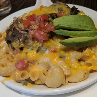 Jalapeno mac n cheese w/ black bean, avocado and tomatoes