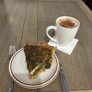 Mushroom Swiss quiche and spicy chai latte.