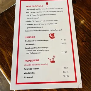Sangria and wine menu