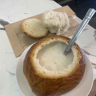 soup in a bread bowl