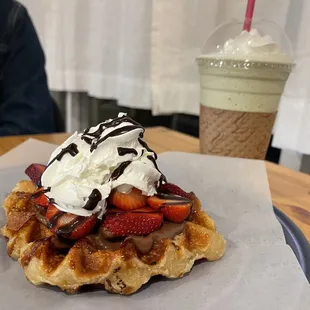 Matcha green tea shake and strawberry + Nutella waffle