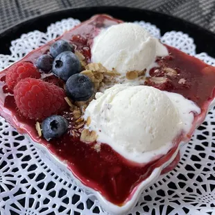 Cherry Rhubarb Crisp with vanilla gelato (all vegan). So good!!