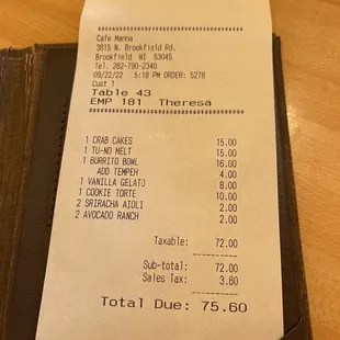 Prices (Also Theresa is an awesome waitress!)