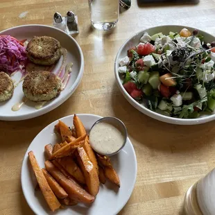 Crab cake, Sweet Potato Wedges, special salad